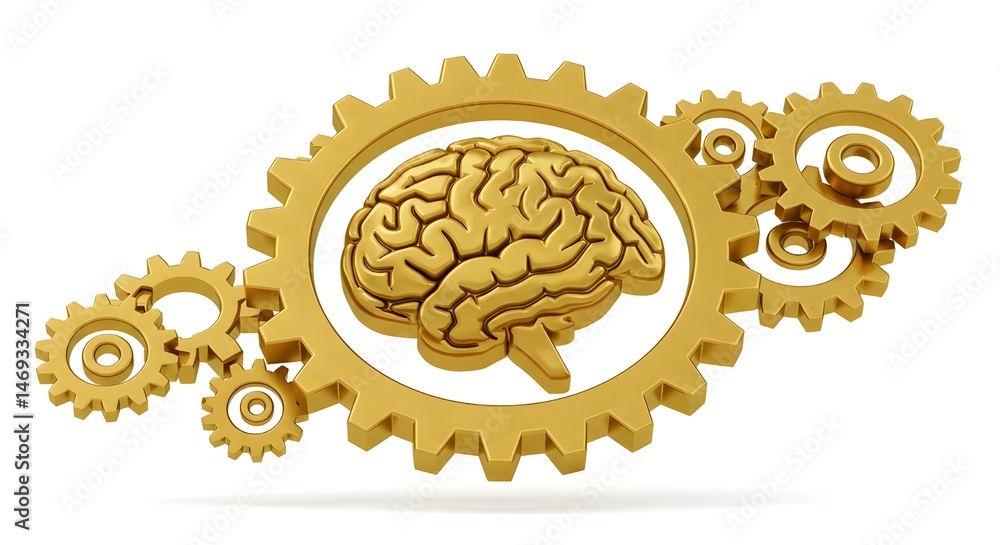 Poster brain inside golden gear mechanism - intelligence, machine learning and artificial thinking concept