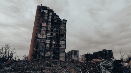 ruined street and destroyed houses the city war in Ukraine