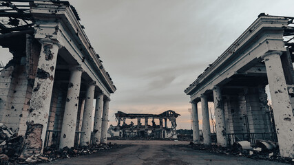 ruined street and destroyed houses the city war in Ukraine