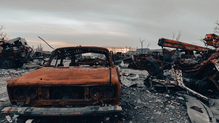 Fototapeta premium ruined street and destroyed houses the city war in Ukraine
