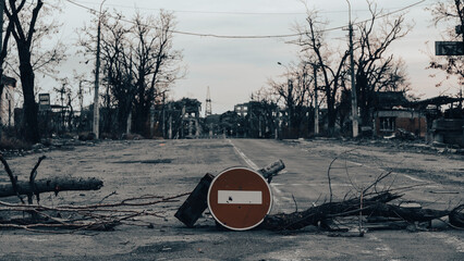 ruined street and destroyed houses the city war in Ukraine