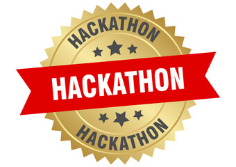 hackathon. hackathon round red and gold label isolated on transparent background