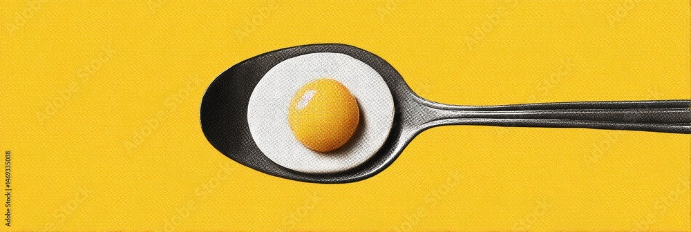 Poster egg in spoon with bright yellow background creates a playful and artistic food presentation for mode
