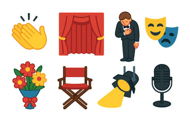 Theater and performing arts flat icons set – stage, drama, entertainment graphics