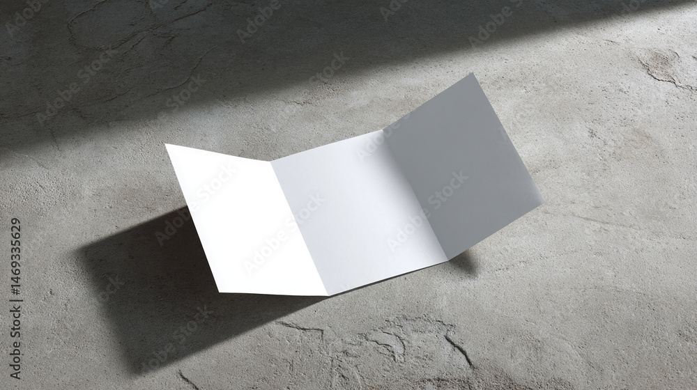 Poster tri-fold white paper mockup on gray textured surface, showcasing blank space for design or text, ide