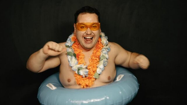 Funny fat man dreams of vacation.