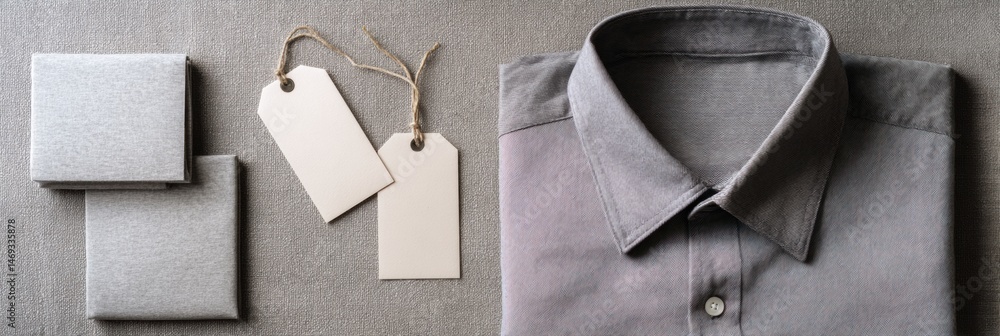 Poster flatlay of folded shirt and tags on neutral fabric background showcasing minimalist design and under