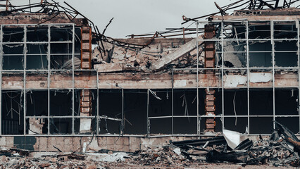 ruined street and destroyed houses the city war in Ukraine