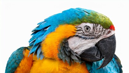 vibrant blue and yellow macaw parrots with bright red accents display their colorful feathers isolated on white background