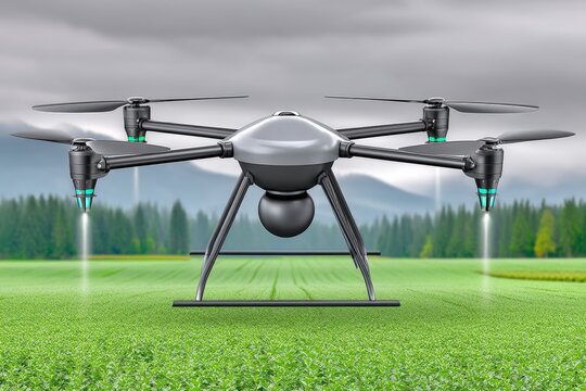 A drone flying over farmland spraying water efficiently