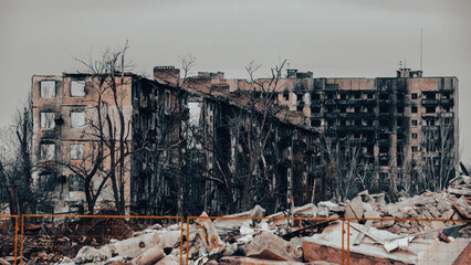 ruined street and destroyed houses the city war in Ukraine