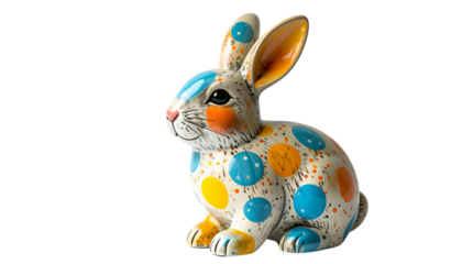 Whimsical Easter bunny figurine adorned with bright blue, yellow, and orange polka dots, radiating cheerful springtime and holiday spirit, isolated on a solid white background in Png format
