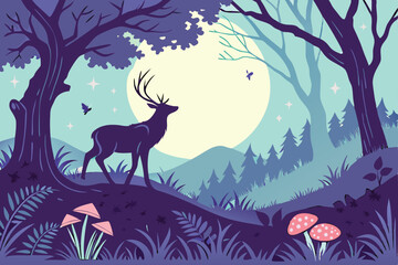 87 digital art, fantasy forest landscape, full moon, mystical deer silhouetted, glowing mushrooms, fireflies, vibrant colors, cinematic, highly detailed, 8k