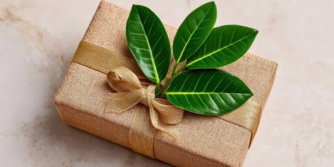 Elegant gift box adorned with luxurious golden ribbon and fresh green leaves as a symbol of celebration and thoughtful gifting for any occasion captured with clarity
