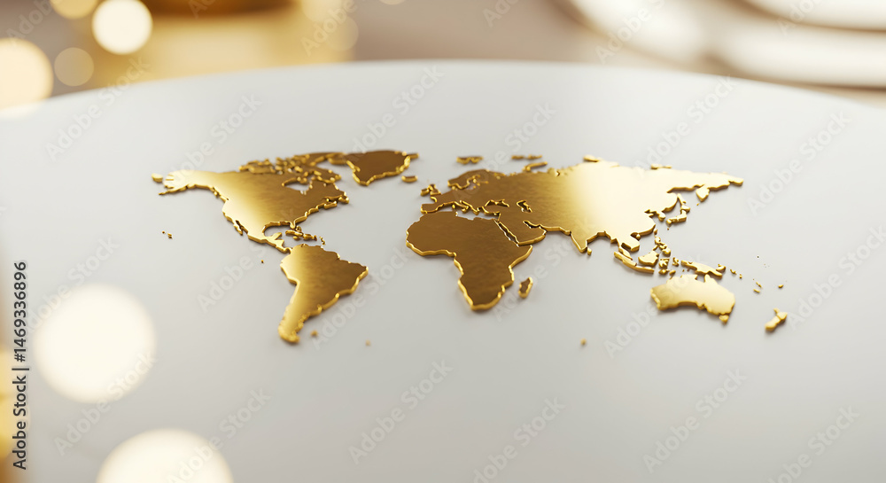 Poster golden world map on white surface with bokeh background