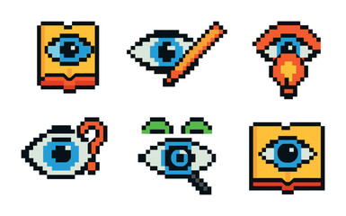 Eye and vision icons set &ndash; pixel art, colorful, visual elements collection