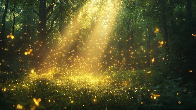 sparkling firefly trails in a misty forest background