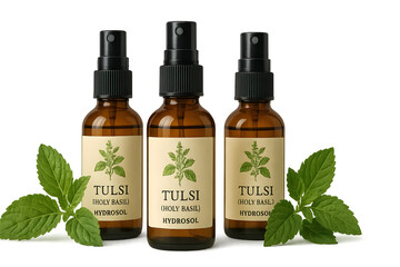 Three bottles of tulsi (holy basil) hydrosol with labels, surrounded by fresh basil leaves. Concept Tulsi Hydrosol, Herbal Wellness, Natural Remedies, Aromatherapy, Fresh Basil Display