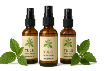 Three bottles of tulsi (holy basil) hydrosol with labels, surrounded by fresh basil leaves. Concept Tulsi Hydrosol, Herbal Wellness, Natural Remedies, Aromatherapy, Fresh Basil Display
