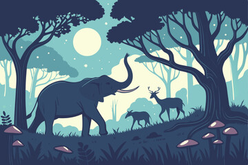 88 fantasy moon landscape, elephants in the wilderness, deer in the forest, glowing mushrooms, luminous flowers, starry night sky, dramatic lighting, digital art, highly detailed, 8k resolution