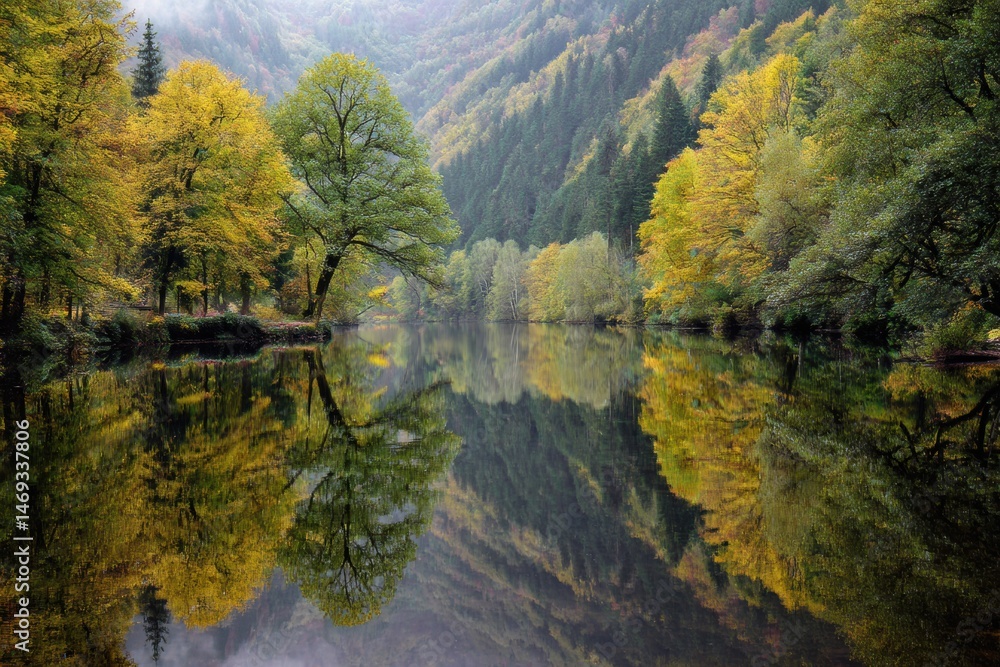 Poster autumn landscape reflecting vibrant colors in a serene lake surrounded by lush trees in a peaceful f