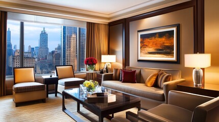Luxurious urban apartment with panoramic city views from a high rise building