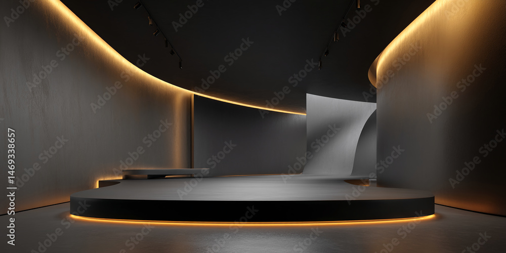 Aufkleber Dark gray curved showcase with subtle gold lighting, creating a modern and minimalist product display scene, ideal for showcasing items or branding