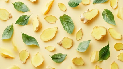 Flat Lay Ginger and Basil Leaves on Pale Yellow Background for Wellness