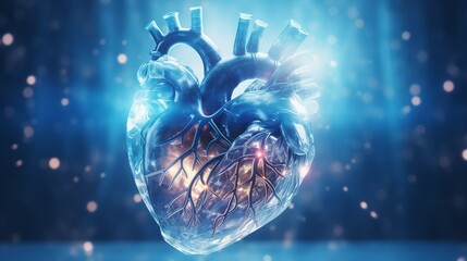 Futuristic Transparent Human Heart Glowing with Pulsing Blue Energy