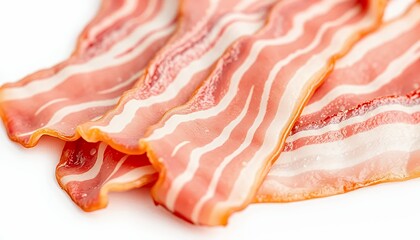 Obraz premium Close Up Macro View of Four Raw Bacon Strips Featuring Red and White Streaks on a Clean White Background Perfect for Food and Cooking Illustrations