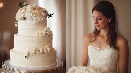 Elegant wedding scene featuring a bride and a tiered cake adorned with flowers