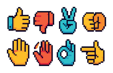 Hand gestures pixel art icons set – retro, 8-bit style, finger symbols