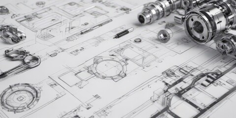 Clean white background, black outlined technical drawings of geometric shapes and mechanical parts , visual, photo, structure