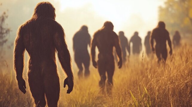 Mysterious group of hairy hominids walking through field towards distant woods