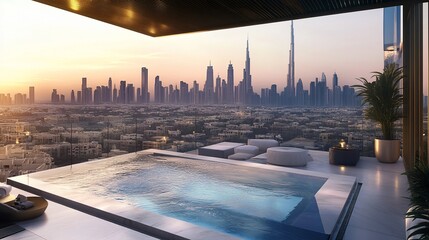 Elegant rooftop pool with stunning cityscape, luxurious urban living ambiance