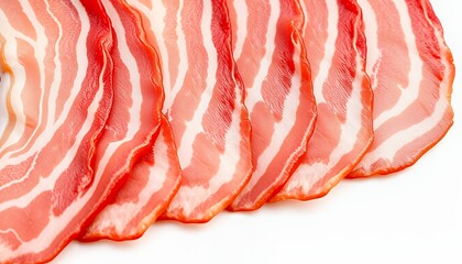 Overhead Close Up of Sliced Raw Bacon Featuring Red and White Striations on White Background