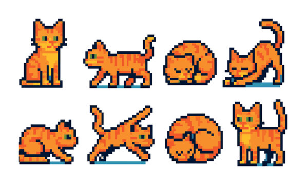 Playful pixel art cats in various poses for creative design projects