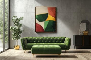 Abstract geometric painting in green, red, and yellow hues adorns a modern living room with a velvet emerald sofa and ottoman
