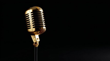 Fototapeta premium A classic vintage microphone stands tall against a black backdrop. This image captures the essence of music and performance. Perfect for music lovers and artists. AI