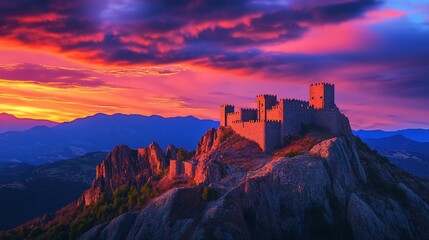 Dramatic Sunset Illuminates Ancient Fortress on a Mountain Peak