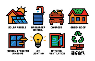 Sustainable living outline icons set – eco-friendly, green, renewable energy symbols