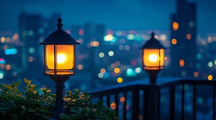 bright night lamps at a rooftop bar background