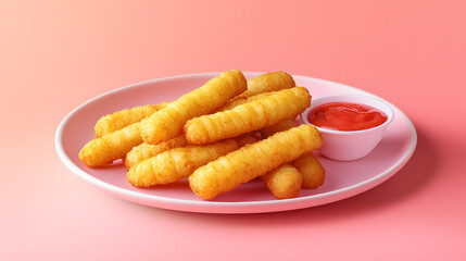 Vibrant image of crispy golden fried sticks, arranged on a pink plate, accompanied by a small bowl of red dipping sauce.
