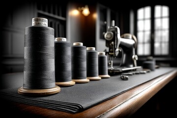 Classic tailor shop with sewing machine and fabric rolls
