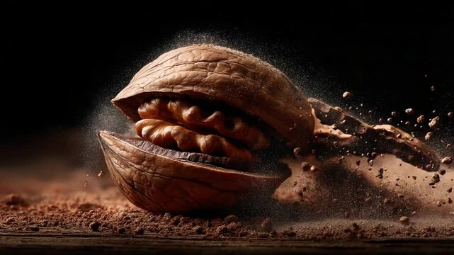 Close-up of a nut shell bursting open, revealing its contents amidst a dust cloud, with dark background