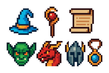 Fototapeta premium Fantasy adventure pixel art icons set – rpg, quest, magical game symbols