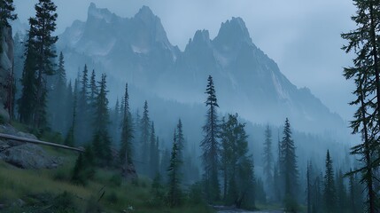 Dramatic mountain peak shrouded in rain and mist under cinematic lighting, captured in UHD 8K with ultra-high detail and moody atmosphere showcasing rugged alpine terrain.