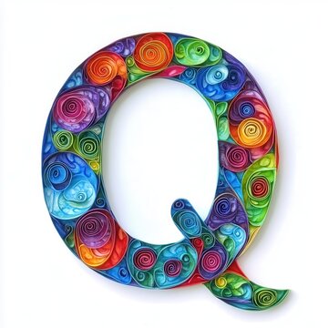 Colorful decorative letter Q made from swirling paper spirals on a white background