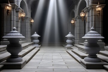 Dark diya lighting a shadowy temple corridor with smoky ambiance