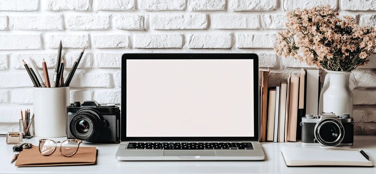 Laptop, cameras, & art supplies on a white desk against a brick wall